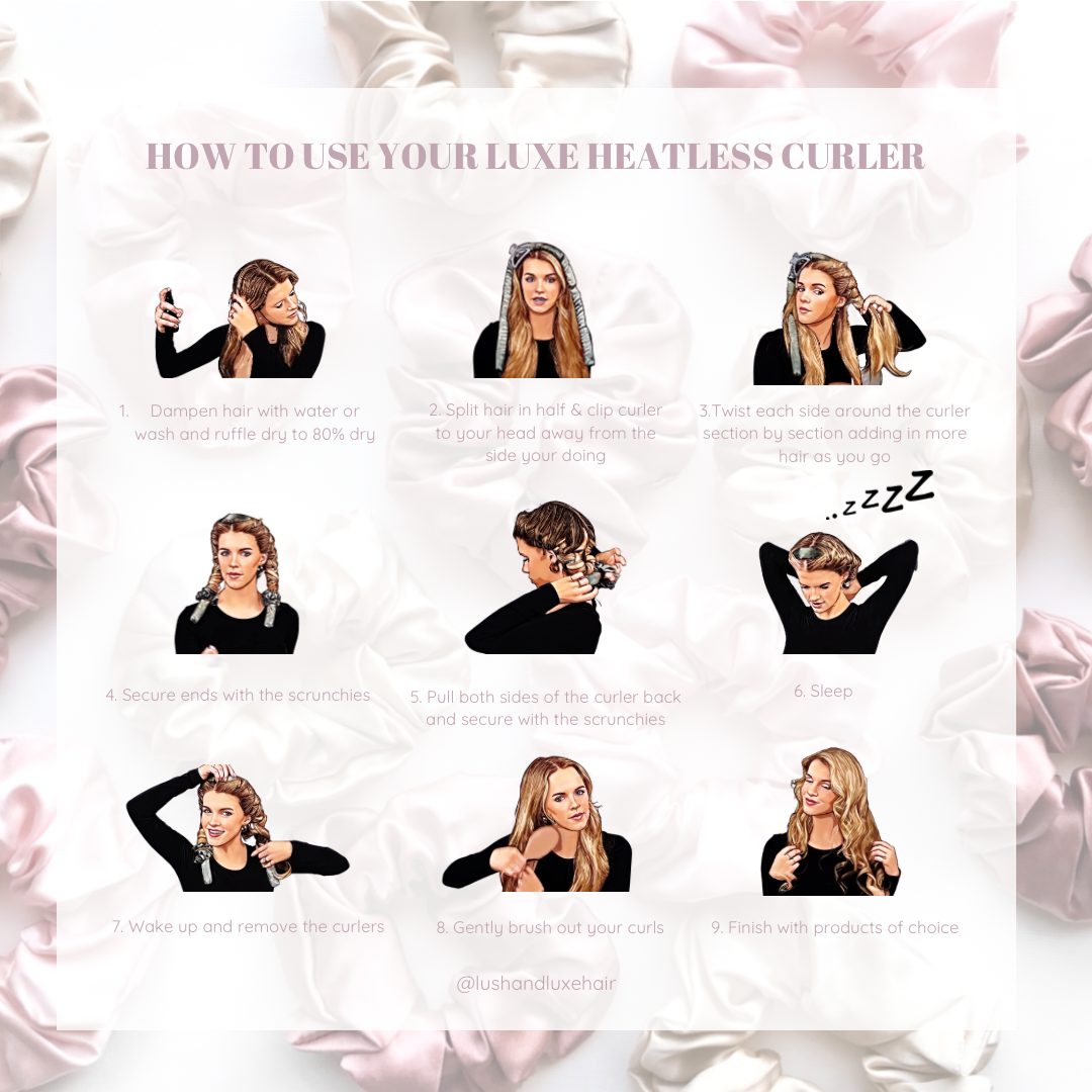 Step by step instructions of how to use your 100% mulberry silk heatless curler.