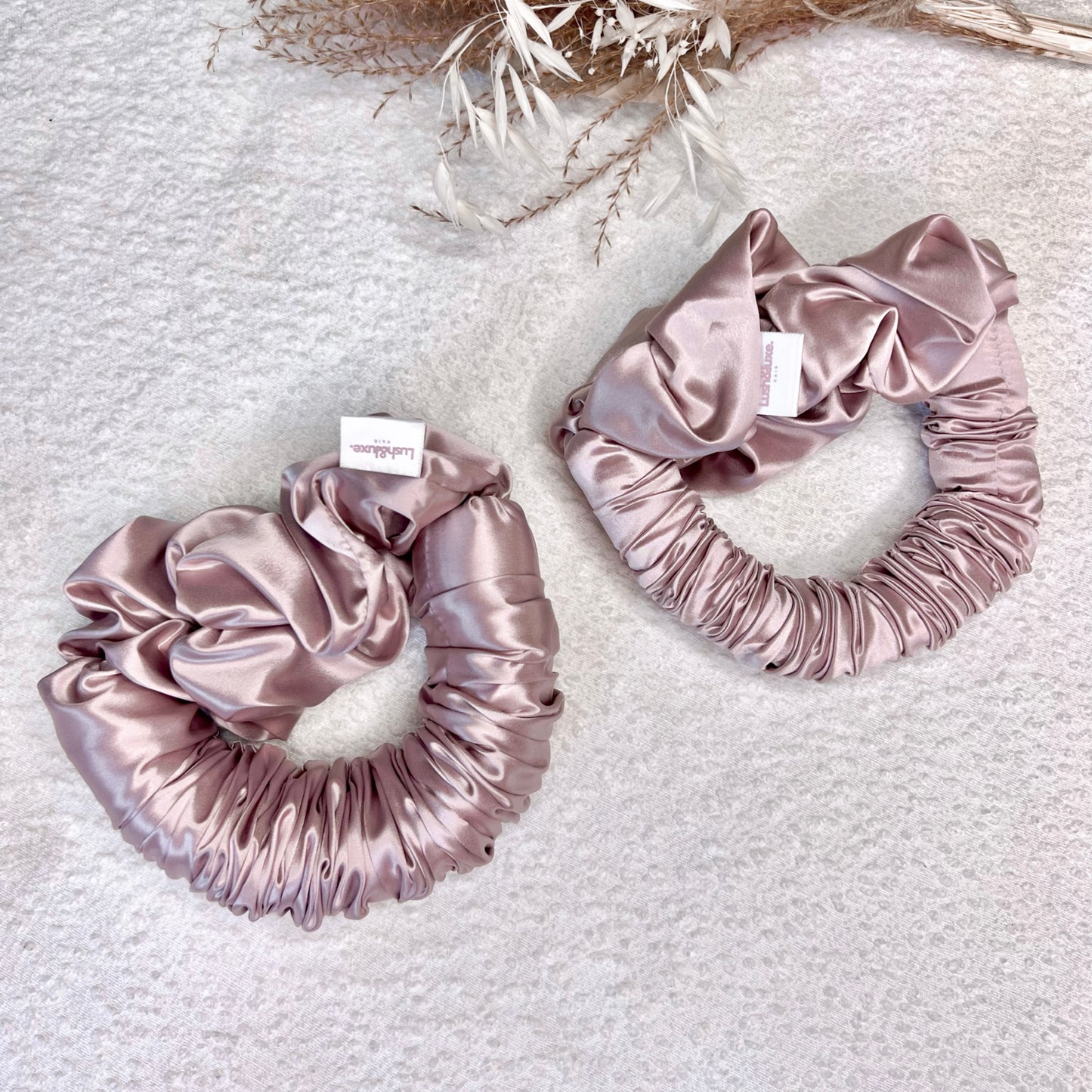 Lush and Luxe Hair Sleep Scrunchies Long and Medium side by side 