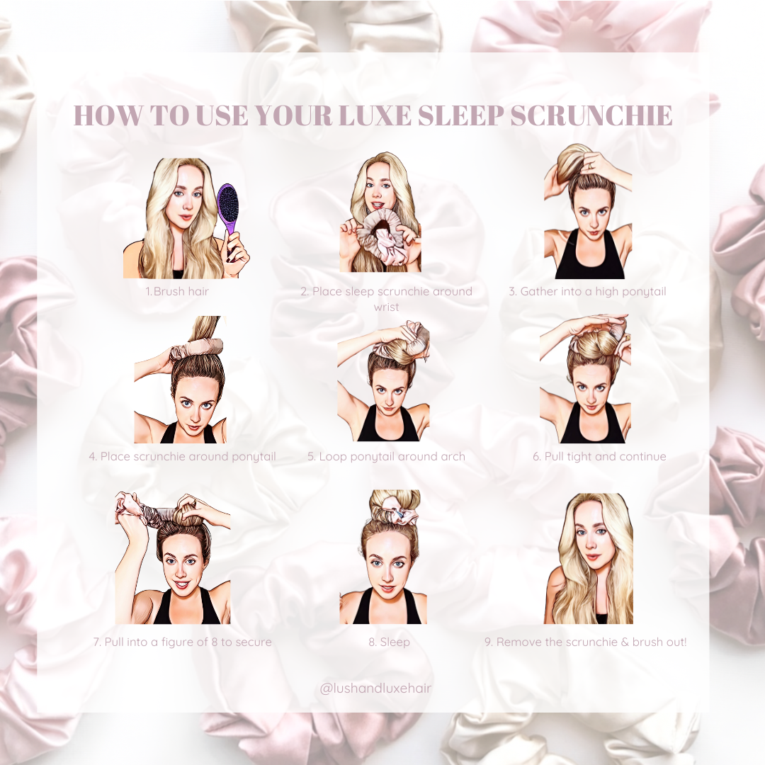 Step by step instructions of how to use your 100% mulberry silk sleep scrunchie heatless curler.